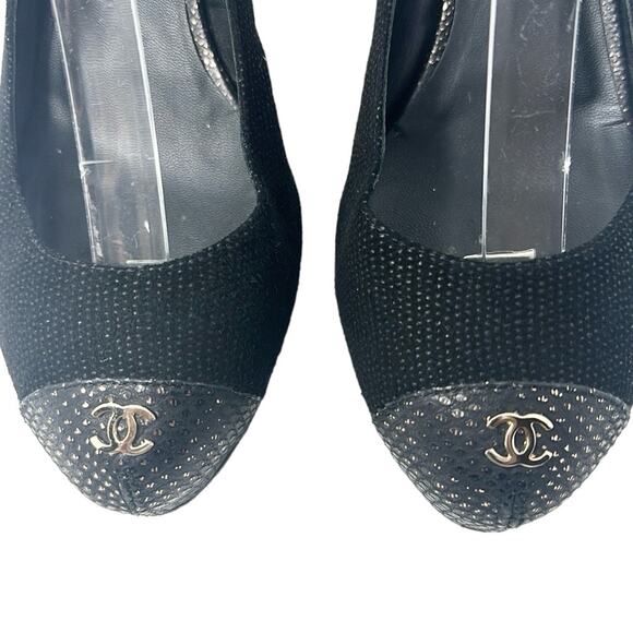 Chanel Tweed Slingback Cap Toe CC Logo Pumps Black Size 38 - Picture 6 of 12